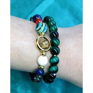 Boho Resin Faux Stone Gr Tiger Eye,Agate,Black Bead Stretch Bracelets Lot Of 2
